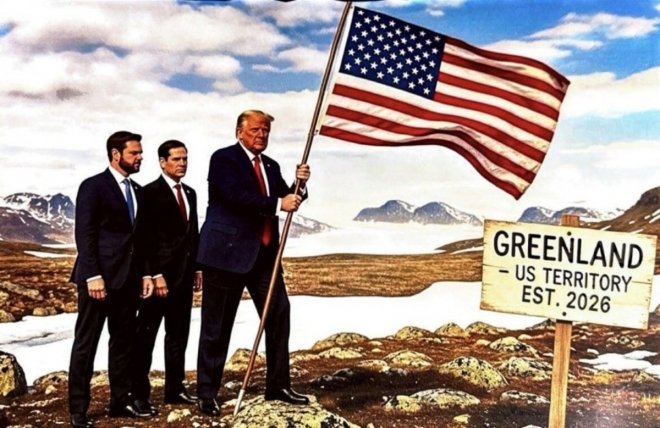 20일 도널드 트럼프 미국 대통령이 트루스 소셜에 게시한 사진.자신이 그린란드에 성조기를 꽂는 합성 사진이다