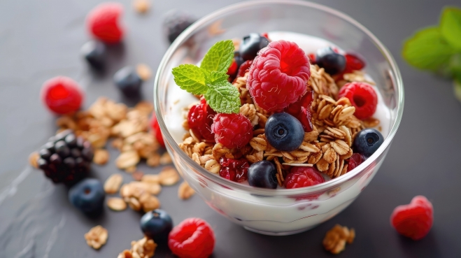 귀리와 베리,요거트를 곁들인 아침 식사.전문가들은 식이섬유 섭취를 늘리기 위해 통곡물과 과일을 식단에 꾸준히 포함하라고 조언한다.123rf