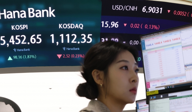 12일 서울 중구 하나은행 딜링룸 현황판에 코스피 지수 등이 표시되고 있다.  2026.2.12 연합뉴스