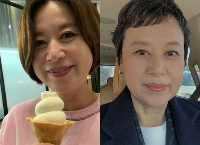 유방암 투병 중인 방송인 박미선. 그는 투병 이전에는 단발머리였지만(왼쪽) 항암 치료를 받으며 탈모 증상을 겪었는데, 머리카락이 다 빠진 뒤 곱슬머리가 자라났다고 밝혔다.(오른쪽) 자료 : 박미선 인스타그램