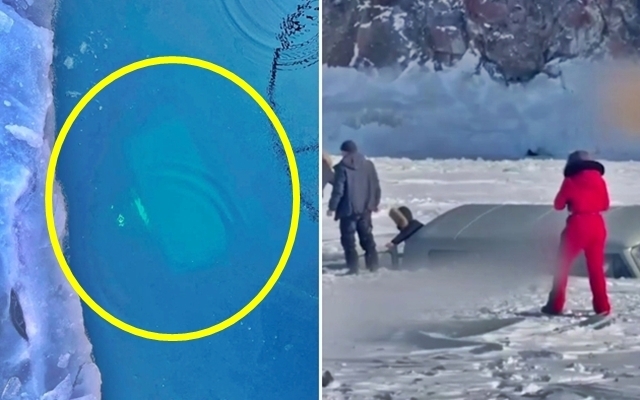 20일(현지시간) 러시아 이르쿠츠크주 바이칼 호수에서 중국인 관광객을 태운 미니버스가 얼음 구멍에 빠져 8명이 사망했다고 타스 통신이 보도했다. 사진은 침몰한 사고 버스(왼쪽)와 침몰 직전 탈출하는 관광객의 모습.