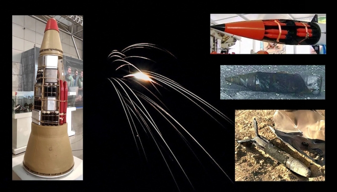 이란의 확산탄 탄두 미사일이 텔아비브 상공에서 자탄을 분리하는 모습(가운데)과 관련 탄두 구조,<a href=