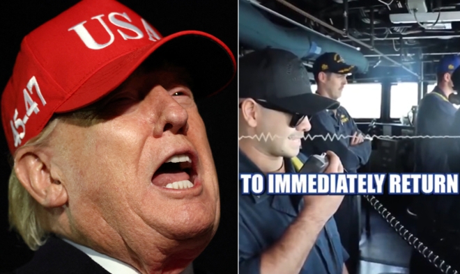 왼쪽에는 도널드 트럼프 미국 대통령이 12일(현지시간) 미 메릴랜드주 앤드루스 합동기지에 도착한 뒤 취재진에게 발언하는 모습,오른쪽에는 폭스뉴스 방송에 소개된 미군 중부사령부의 대이란 해상봉쇄 경고 장면이 담겨 있