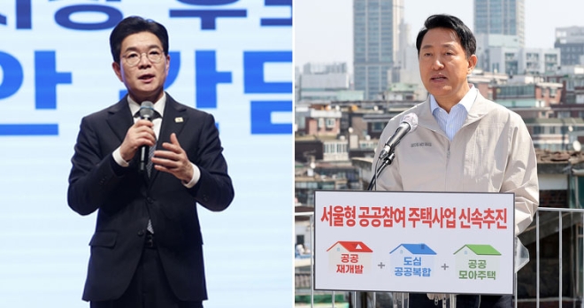 6·3 지방선거 더불어민주당 서울시장 후보인 정원오 전 서울 성동구청장이 13일 강남구 건설회관에서 열린 서울도시정비조합협회 간담회에서 인사말을 하고 있다(왼쪽 사진). 오른쪽 사진은 오세훈 서울시장이 마포구 아현1