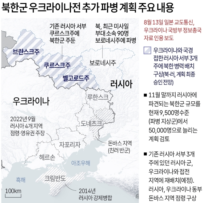 북한군 우크라이나전 추가 파병 계획 주요 내용 - 북한과 러시아가 오는 11월 말까지 러시아에 파견되는 북한군 규모를 5만명으로 늘리는 계획을 검토하고 있다고 교도통신이 우크라이나 국방부 정보총국 자료를 인용해 13