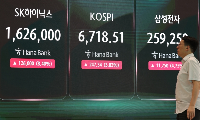 하이닉스 주주환원,코스피 반등 시도하나 - 20일 서울 중구 하나은행 본점 딜링룸 전광판에 코스피 및 SK하이닉스,삼성전자 주가가 표시돼있다.지난 19일 SK하이닉스는 이사회를 열어 자기주식 취득·소각 안건을 