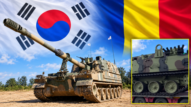 한국산 K9 자주포 자료사진에 한국·루마니아 국기와 현지 수송 영상 속 K12 구난차량 추정 장비(오른쪽 노란 테두리)를 합성했다. K9 자료사진·123RF·Modern Warfare 엑스 영상 캡처, AI 편집