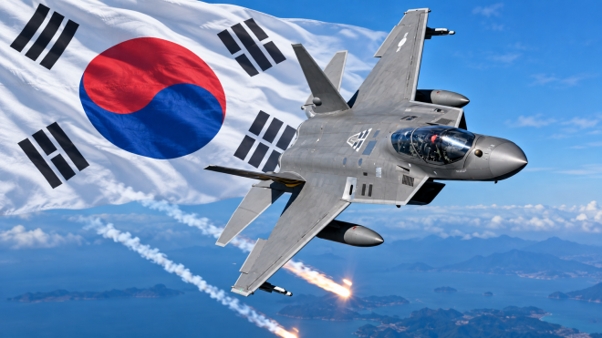 국산 전투기 KF-21 보라매의 비행 장면과 태극기를 합성한 이미지.공군은 첫 양산기 인도 이후 조종사·정비요원 교육과 운용체계 확립을 거쳐 2027년 후반기 실제 작전에 투입할 계획이다.KAI 제공 자료사진 기