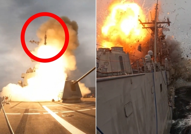 USS 클라크링함을 명중시킨 SM-6 미사일 발사 순간(왼쪽), 미사일에 맞아 폭발하는 클라크링함. 미 해군 영상 캡처