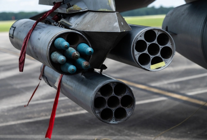 미 공군 F-16 전투기에 장착한 로켓 발사관.미국 사우스캐롤라이나주 쇼 공군기지에서 촬영한 자료사진으로,<a href=