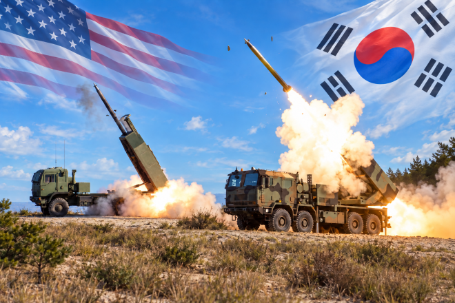 미국산 다연장로켓 하이마스(왼쪽)와 한국산 천무의 폴란드형 호마르-K 발사 장면을 국기 배경과 합성했다.미 육군·폴란드군 제공.AI 활용 합성 이미지