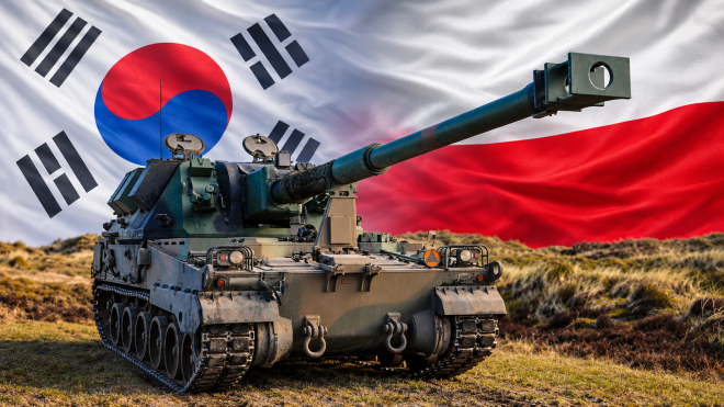 한국 K9 기반 차체를 사용하는 폴란드 크라프 자주포에 태극기와 폴란드 국기를 합성한 자료 이미지.자주포는 개량형 크라프2가 아닌 기존 모델이다.미 육군 주방위군·DVIDS,국기 123RF·AI 합성