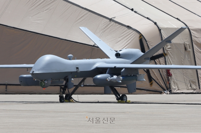 19일 전북 군산 공군기지에서 열린‘2024년 연합편대군 종합훈련(KFT·Korea Flying Training)’에서 미공군의 MQ-9 리퍼 무인공격기가 이륙을 위해 준비를 하고 있다.2024.4.19 (사진=