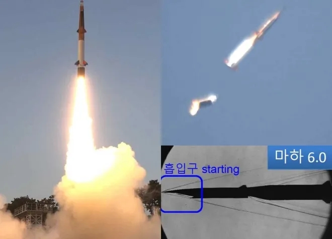 한국이 개발 중인 극초음속 순항미사일 하이코어(HyCore)의 발사 및 비행 시험 장면.하이코어는 공기흡입식 엔진으로 추진력을 유지하며 극초음속 순항 비행하는 체계로,로켓 추진체에서 분리된 뒤 활공하는 HGV와 