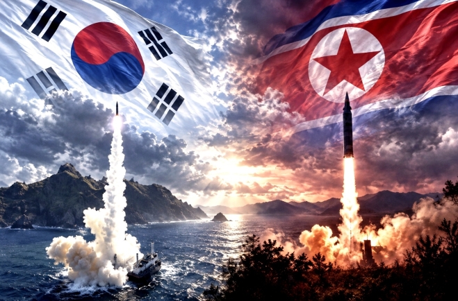 2026년 10월 8일 충남 태안 국방과학연구소 안흥종합시험장 인근 해상 고정 바지에서 미사일이 화염과 연기를 내뿜으며 솟구치는 모습.청와대 제공(왼쪽),<a href=