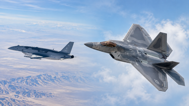 미국 공군의 스텔스 전투기 F-22 랩터(오른쪽)와 인공지능(AI) 기반 무인전투기 YFQ-44A 퓨리. 미 공군은 최근 F-22 조종사가 비행 중 퓨리에 전술 명령을 내리고 모의 전투 임무를 수행하도록 하는 시험에