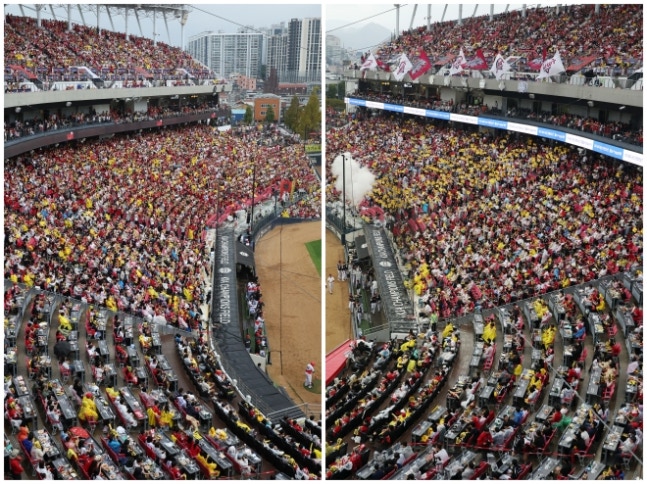 준PO 2차전, 맞대결 응원 나선 팬들 - 준PO 2차전, 맞대결 응원 나선 팬들 (전남광주=연합뉴스) 민현기 기자 = 17일 광주기아챔피언스필드에서 열린 프로야구 2026 포스트시즌 준플레이오프 2차전 LG 트윈스와 KIA 타이거즈의 경기. 왼쪽 사진은 KIA 팬들, 오른쪽 사진은 LG 팬들이 응원하고 있다. 2026.10.18 mhk0226@yna.co.kr (끝)