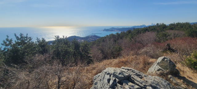 봉대산 정상 ‘기장남산봉수대’에서 굽어본 동해 바다.