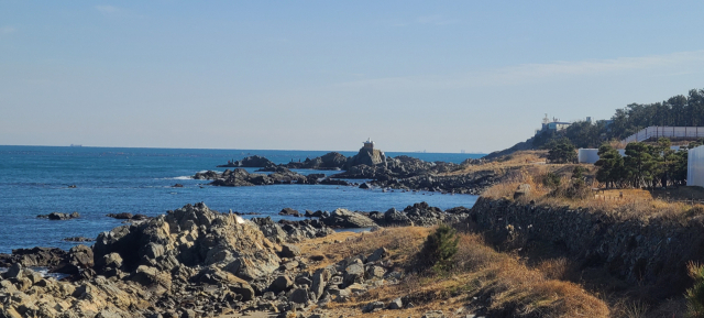 오시리아 해안산책로를 걸으며 바다 쪽으로 고개를 돌리면 갯바위들이 절경을 뽐낸다. 우뚝 솟은 기암절벽 위에는 법당이 보이는데, 그 일대가 일출 명소로 잘 알려진 오랑대다.