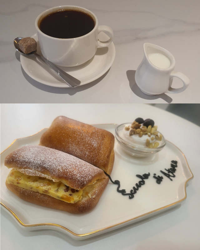 최근 완성된 아테네 학당의 시그니처 커피 '밀다원'(위)과 시그니처 빵 '보수동 책빵'. 아테네 학당 제공