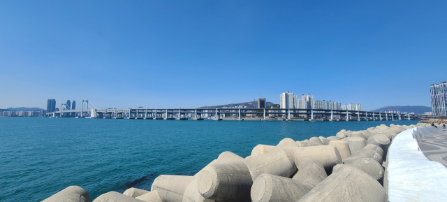 방파제가 설치된 마린시티의 가장자리를 따라 걷다 보면, 방파제 너머로 광안대교가 민락동 일대 고층 아파트와 건물들을 감싸며 바다를 가로질러 쭉 뻗어 있다.