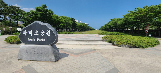 욜로 갈맷길 6코스의 종착점인 아미르공원. 아미르 표지석 뒤쪽으로는 광활한 잔디밭이 바다 쪽으로 길게 뻗어 있다. 아미르공원의 벤치에 앉아 우거진 녹음을 바라보고 있으면, 긴 여정으로 생긴 피로가 싹 가신다.