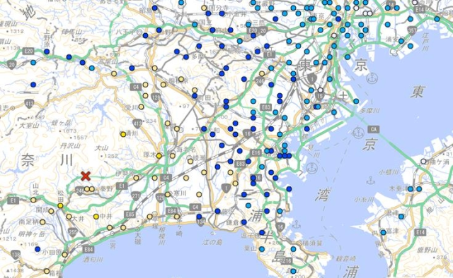 빨간색 X 부분이 지진 발생 지점. 연합뉴스