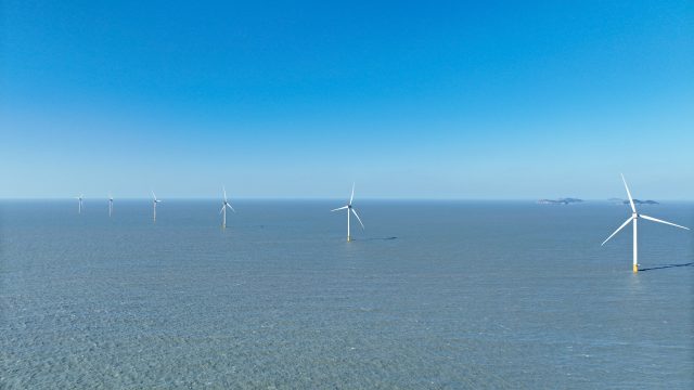 국내 최초 민간 주도 해상풍력발전 사업으로 준공된‘전남해상풍력’1단지 전경.신안군 자은도 약 9km 인근 해상에 조성된 96MW 용량의 해상풍력단지다.기후부 제공