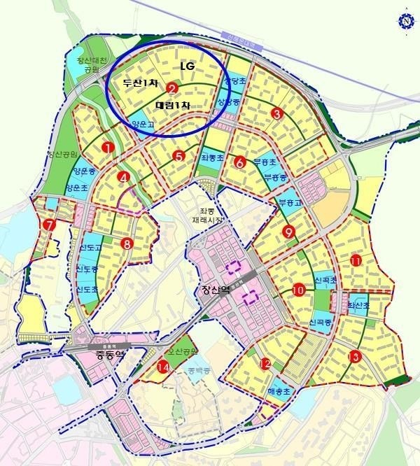 해운대 신도시 중 노후계획도시 정비 선도지구로 뽑힌 곳.원안에 있다.국토부 제공