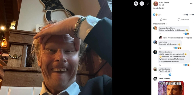 유호 에롤라 핀란드당 의원 페이스북 캡처.연합뉴스