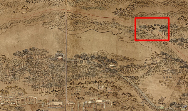 국립중앙박물관이 소장 중인 <통영지도(옛 남해지도)>에 표시된‘통제영 오리정(五里亭).이를 토대로 발굴지 일대가 오리정일 가능성도 제기 된다.독자 제공