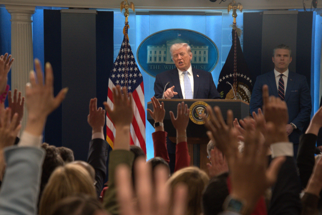 6일(현지 시간) 미국 워싱턴 D.C. 백악관에서 열린 기자회견에서 도널드 트럼프 미국 대통령이 발언하고 있다. 신화통신