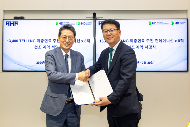 20일 판교 HD현대 글로벌R&D센터(GRC)에서 진행된 1만 3000TEU급 LNG 이중연료 컨테이너선 건조 계약 서명식에서 HMM 최원혁 대표이사 사장(사진 왼쪽)과 HD현대중공업 여용화 선박영업본부장 부사장이 