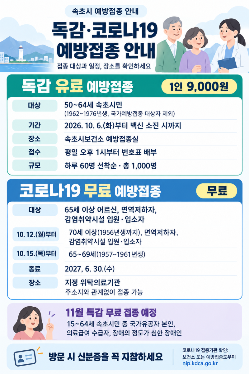 속초시보건소, <b>독감</b>(유료)·코로나19(무료) <b>예방접종</b> 실시