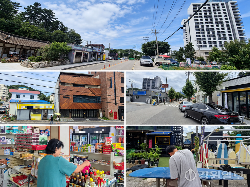 ◇양양군 현남면 인구·죽도해변 일대에 대형 숙박시설이 들어서면서 낮은 주택과 상가가 모여 있던 마을의 풍경이 달라졌다.관광객을 위한 숙박·상업시설과 주민들의 생활공간이 맞닿은 가운데 기존 상인과 서핑업 종사자들은 