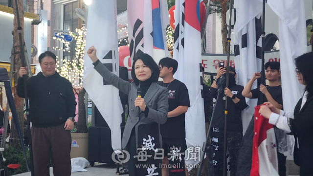 이진숙 국회의원(국민의힘·대구 달성군)이 10일 오후 7시 경북 안동문화의거리 내 '왔니껴 광장' 무대에 올라 연설을 하고 있다.손병현 기자