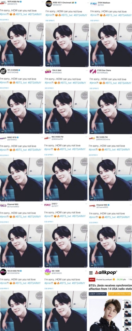 Screenshot photos of the post from iHeart radio affiliates confessing their love for BTS Jimin