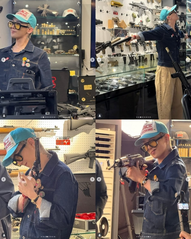 Jang Gumi, who strikes various poses while holding a pistol
