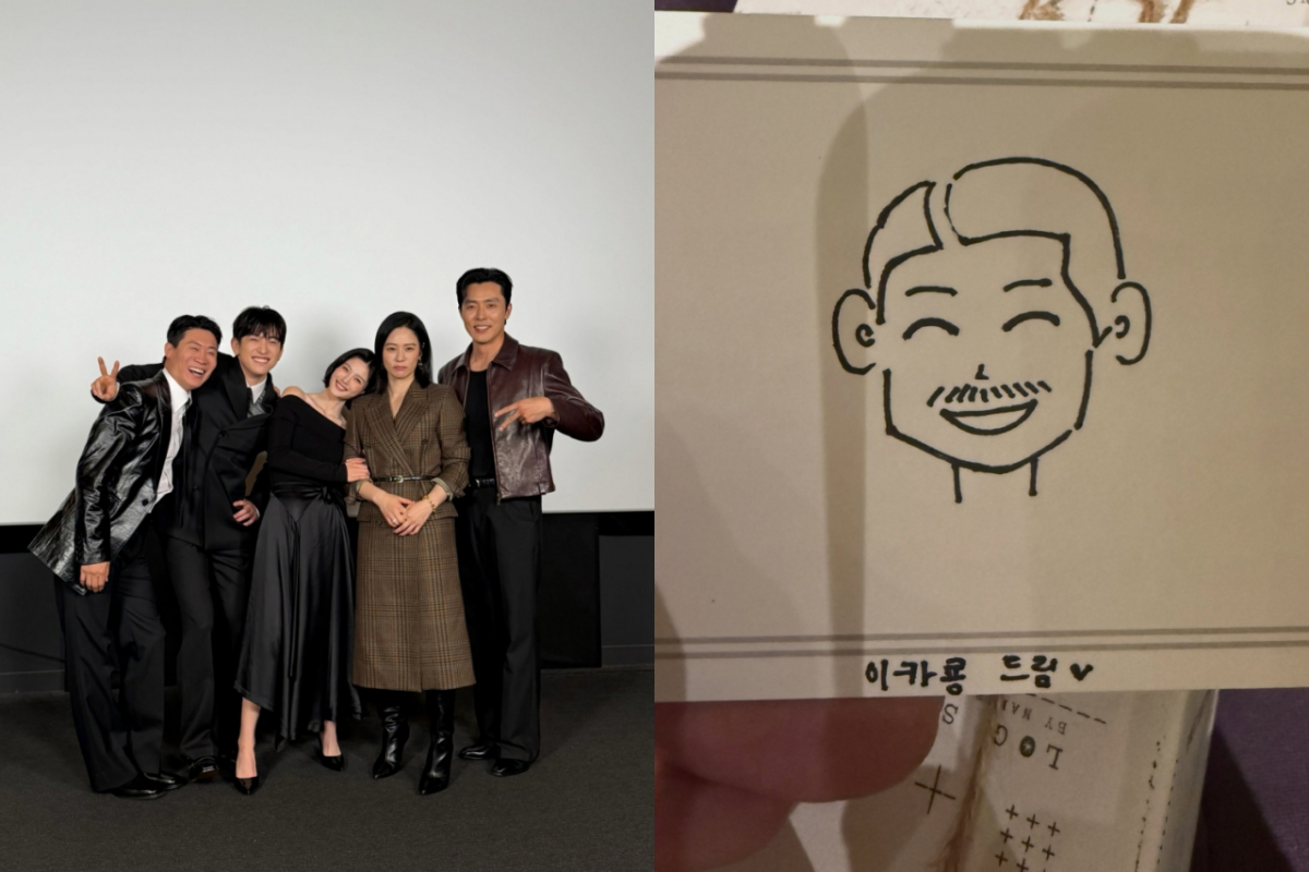 黒い衣装の5人が並ぶ写真と、笑顔の顔を描いた似顔絵を収めたコラージュ