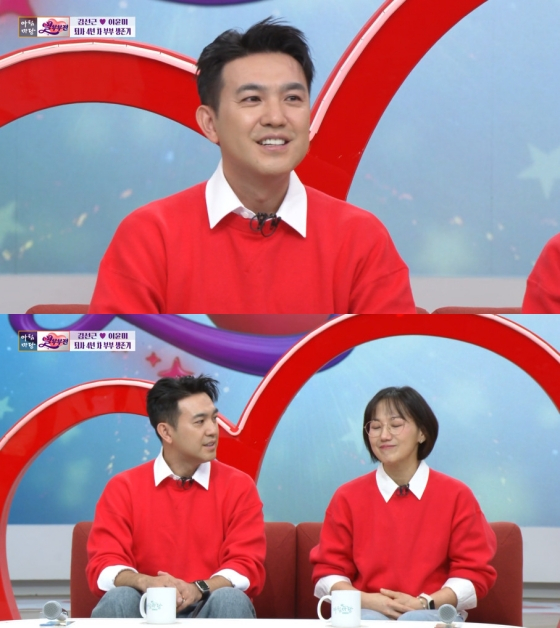 KBS 1TV「아침마당」に出演したキム・ソングン。上下に一人で話す場面と妻イ・ユンミと並んで座る場面が写る