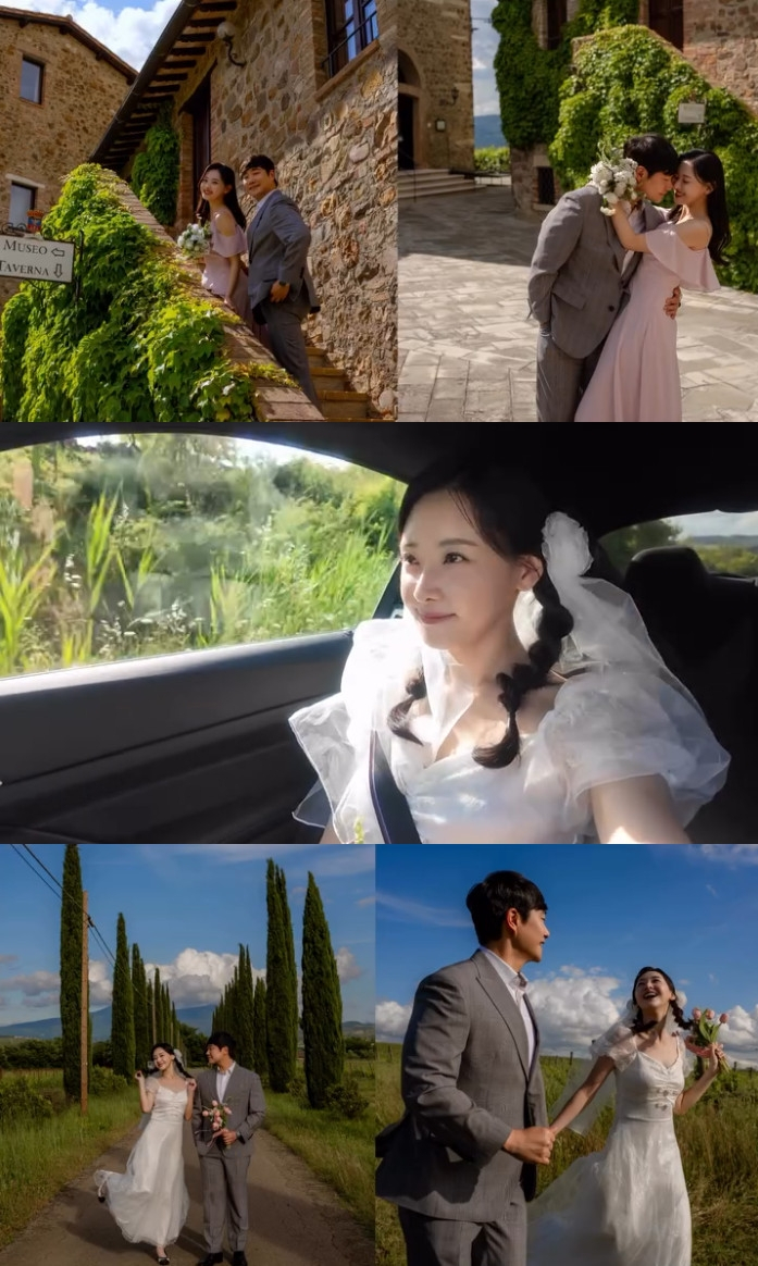 イタリアのトスカーナでウェディングドレス姿のキム・ダヨンとペ・ソンジェが並ぶ写真