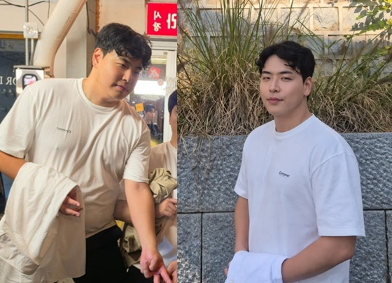 白いTシャツ姿のキム・サンホの近況写真と、以前の写真を並べた比較画像