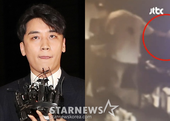 取材陣の前に立つスンリと、JTBCが公開した食堂内CCTV映像