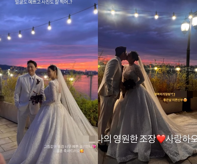 夕焼け空の下、ウェディングドレスと白いスーツ姿でキスをするキム・スルギとユ・ヒョンチョル