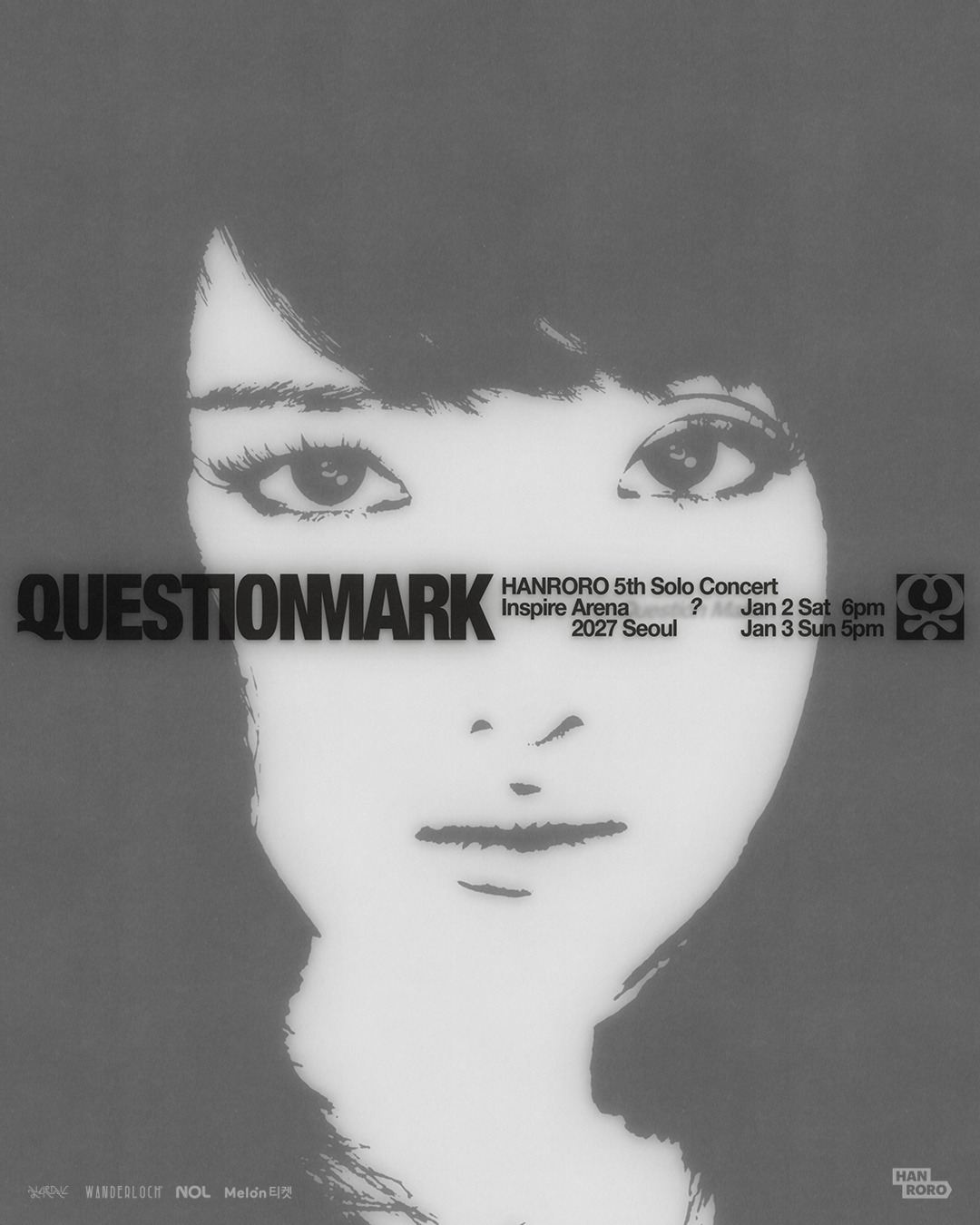 HANROROの第5回単独コンサート『QUESTIONMARK』の告知ポスター。2027年1月2日・3日にインスパイアアリーナで開催と記載
