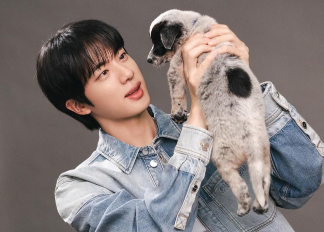 子犬を抱き、見つめるBTSジン