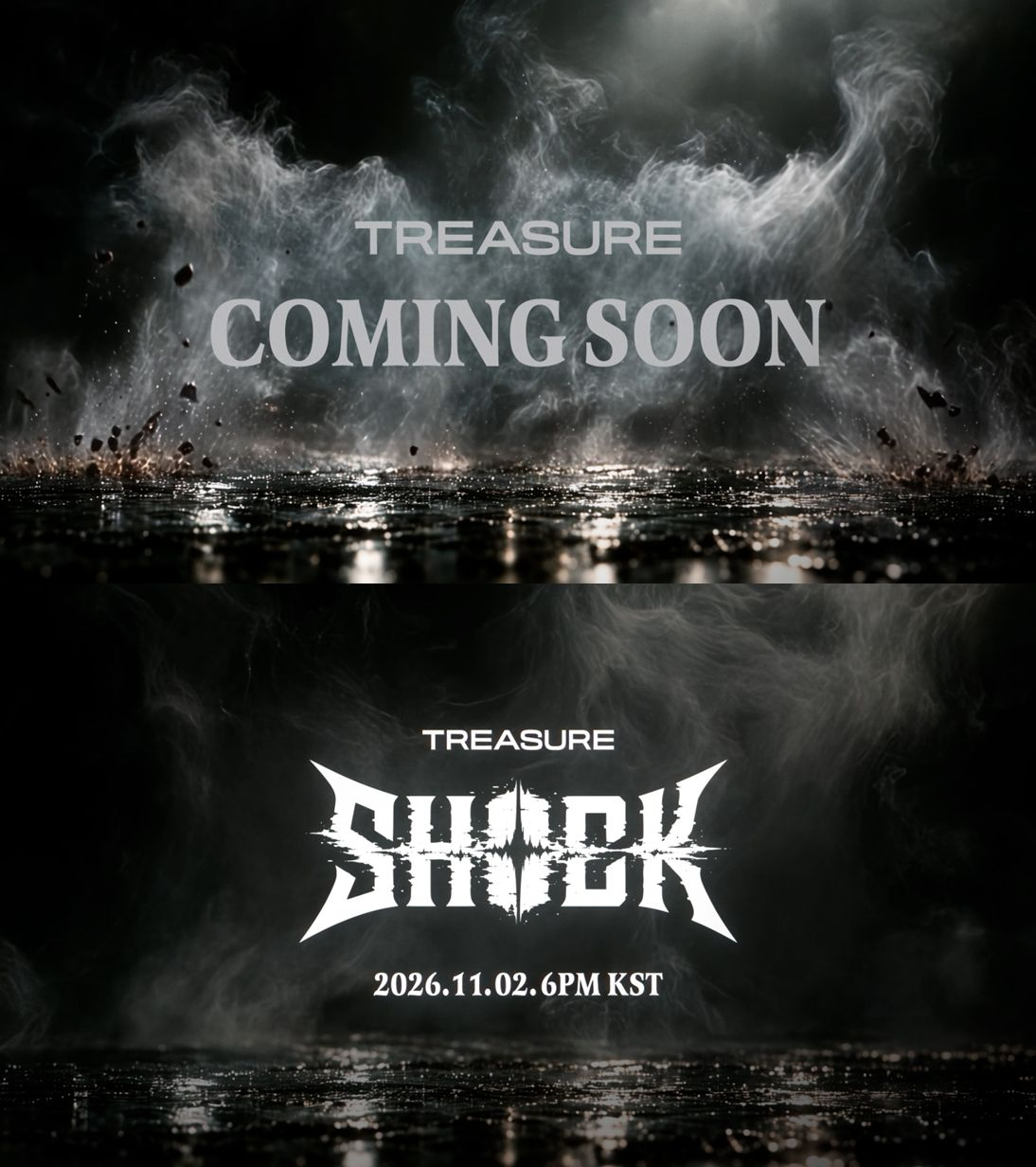TREASUREの新曲「SHOCK」ティザー画像。YGの公式ロゴと楽曲のビジュアルが掲載されている
