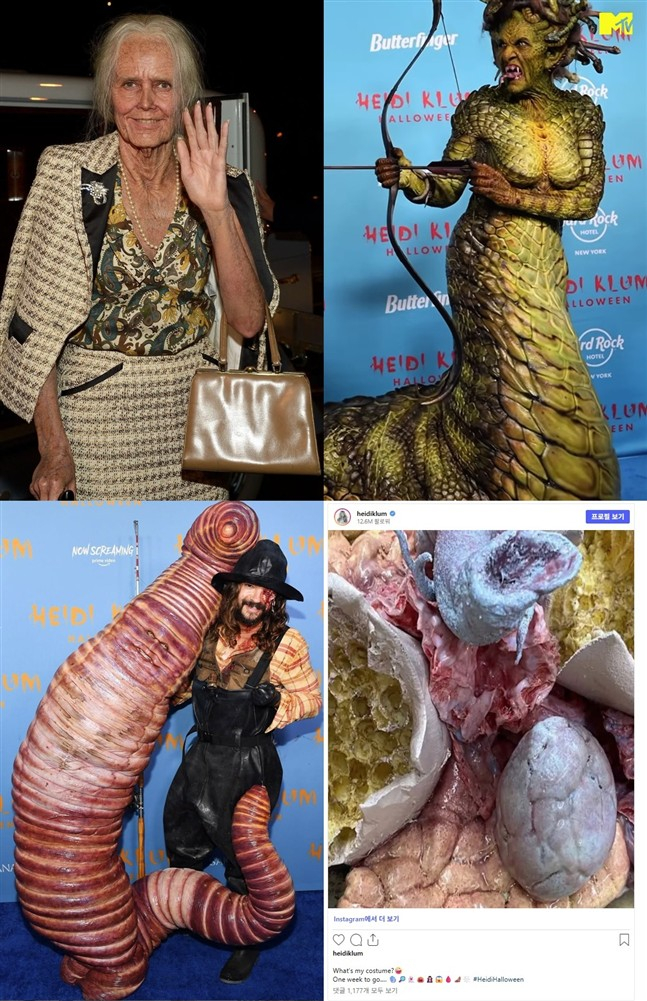 過去のハロウィーン衣装と、今年の予告写真に写る臓器のような特殊メイク用の小道具を並べたコラージュ