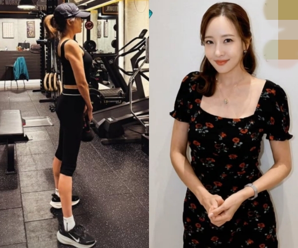 黒いキャップとウェアを着用し、ジムでトレーニングするソ・ユジンと黒い花柄のワンピース姿の写真
