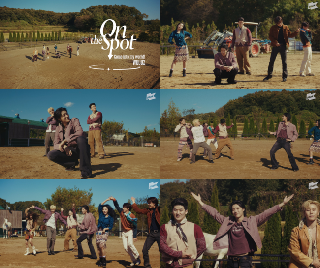 農場を舞台に、WOODZとダンサーたちが「On the Spot」でパフォーマンスする場面